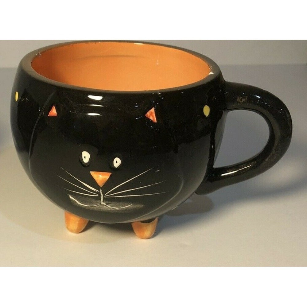 Halloween Black Cat Ghost Ceramic Mug Footed Cauldron Coffee Cup Orange Black